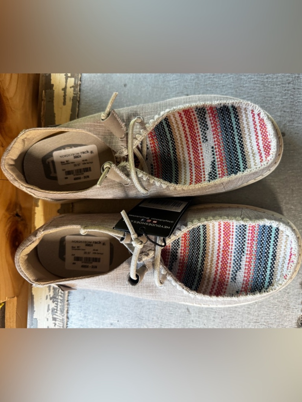 Hey Dude Women’s Beige Canvas Moccasins with Multicolor Striped Insole